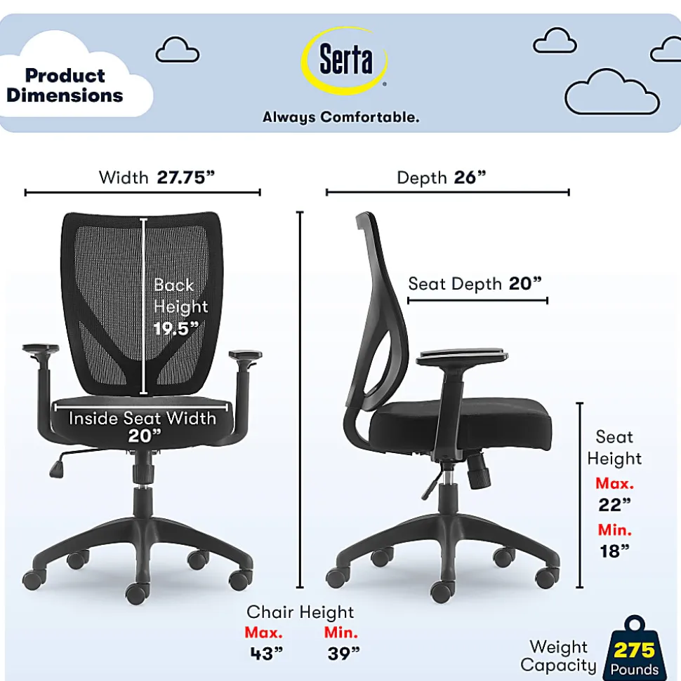Serta Works - Chair - task - ergonomic - mid-back - armrests - T-shaped - tilt - swivel - polyester blend fabric, mesh - black