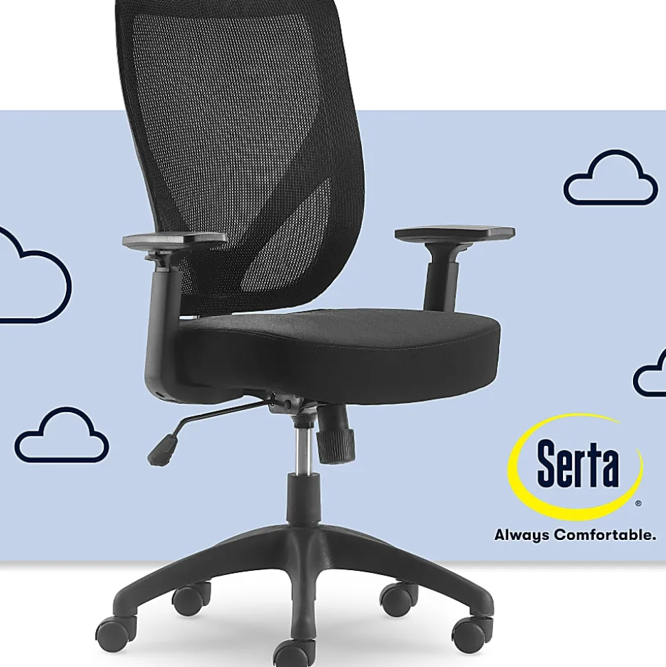 Serta Works - Chair - task - ergonomic - mid-back - armrests - T-shaped - tilt - swivel - polyester blend fabric, mesh - black