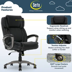 Serta® Works Ergonomic Bonded Leather High-Back Office Chair, Midnight Black/Silver