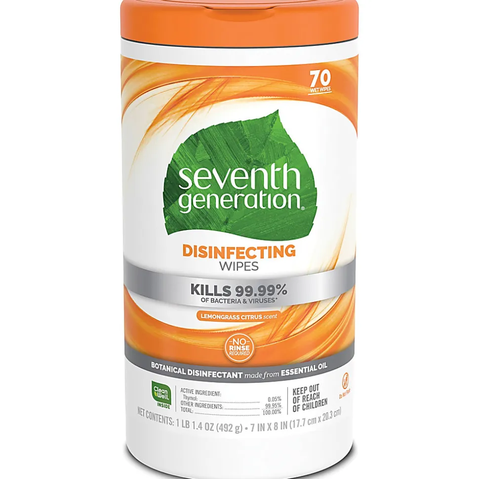 Seventh Generation™ Disinfecting Wipes, Lemongrass Scent, 70 Wipes Per Canister, Pack Of 6 Canisters