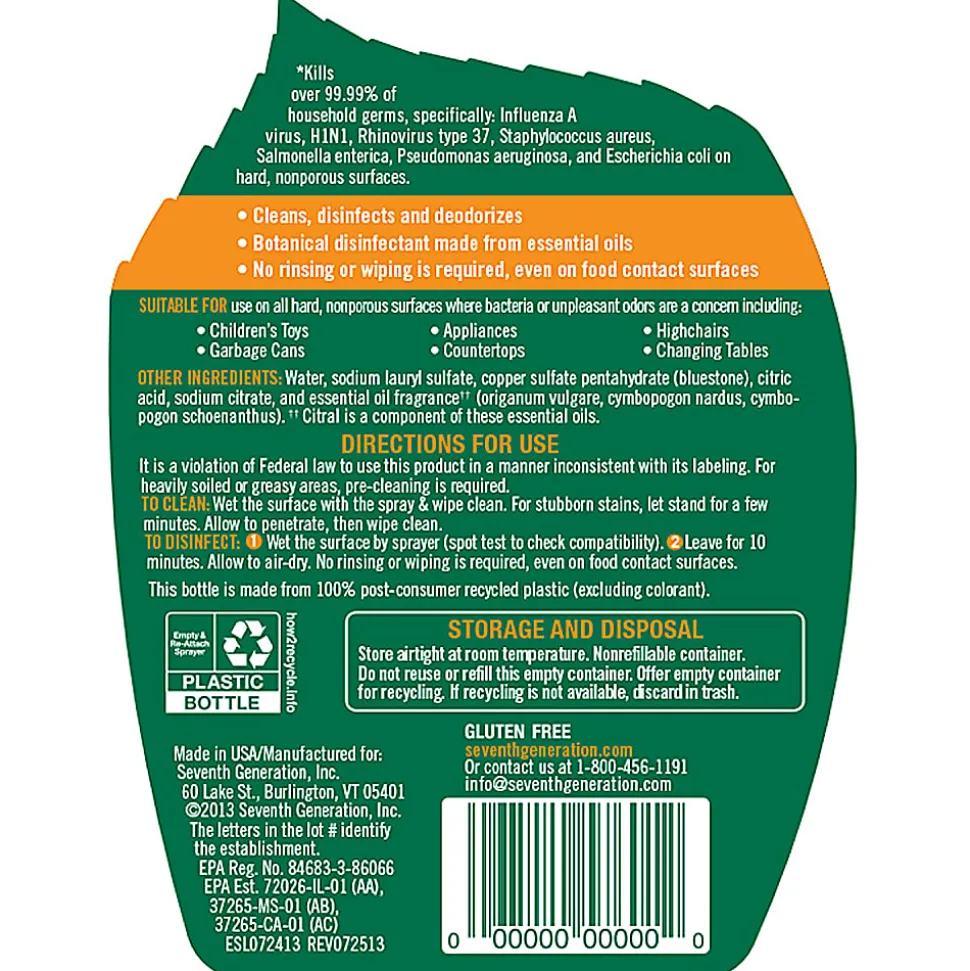 Seventh Generation™ Disinfecting Multi-Surface Spray Cleaner, Lemongrass & Thyme Scent, 26 Oz Bottle