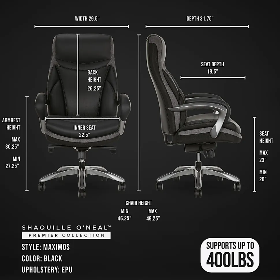 Shaquille O'Neal™ Maximos Big & Tall Ergonomic Vegan Leather High-Back Executive Office Chair, Black/Silver, BIFMA Compliant