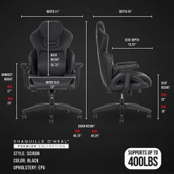 Shaquille O'Neal™ Sciron Big & Tall Ergonomic High-Back Vegan Leather Executive Gaming Office Chair, Black, BIFMA Compliant