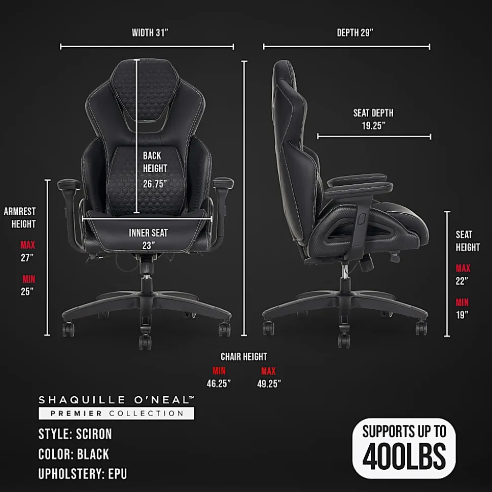 Shaquille O'Neal™ Sciron Big & Tall Ergonomic High-Back Vegan Leather Executive Gaming Office Chair, Black, BIFMA Compliant