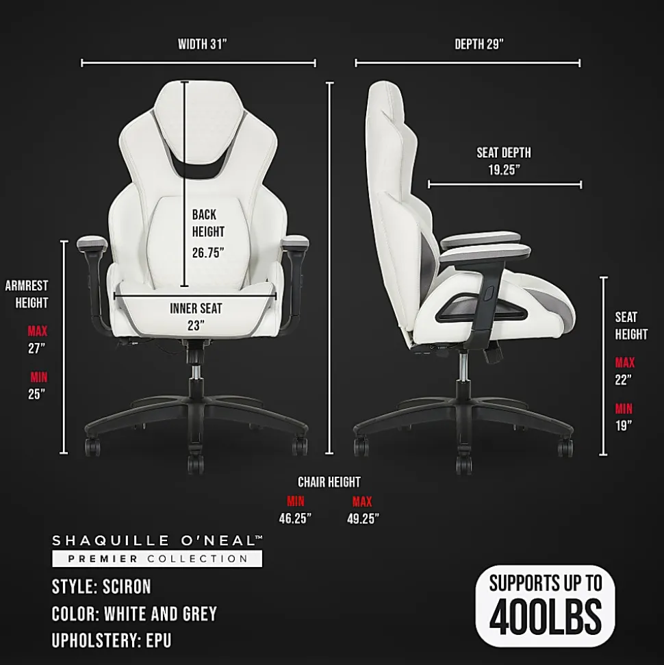Shaquille O'Neal™ Sciron Big & Tall Ergonomic High-Back Vegan Leather Executive Gaming Office Chair, White/Gray, BIFMA Compliant