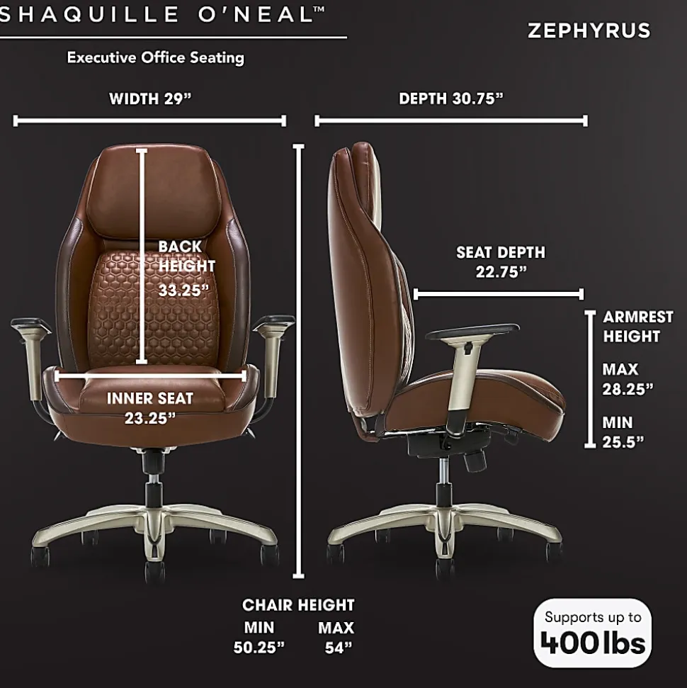 Shaquille O'Neal™ Zephyrus Ergonomic Bonded Leather High-Back Executive Office Chair, Brown/Silver