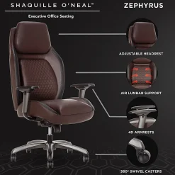 Shaquille O'Neal™ Zephyrus Ergonomic Bonded Leather High-Back Executive Office Chair, Walnut/Silver, BIFMA Compliant