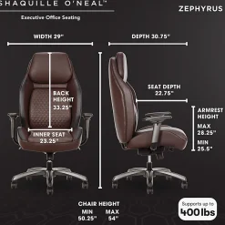 Shaquille O'Neal™ Zephyrus Ergonomic Bonded Leather High-Back Executive Office Chair, Walnut/Silver, BIFMA Compliant