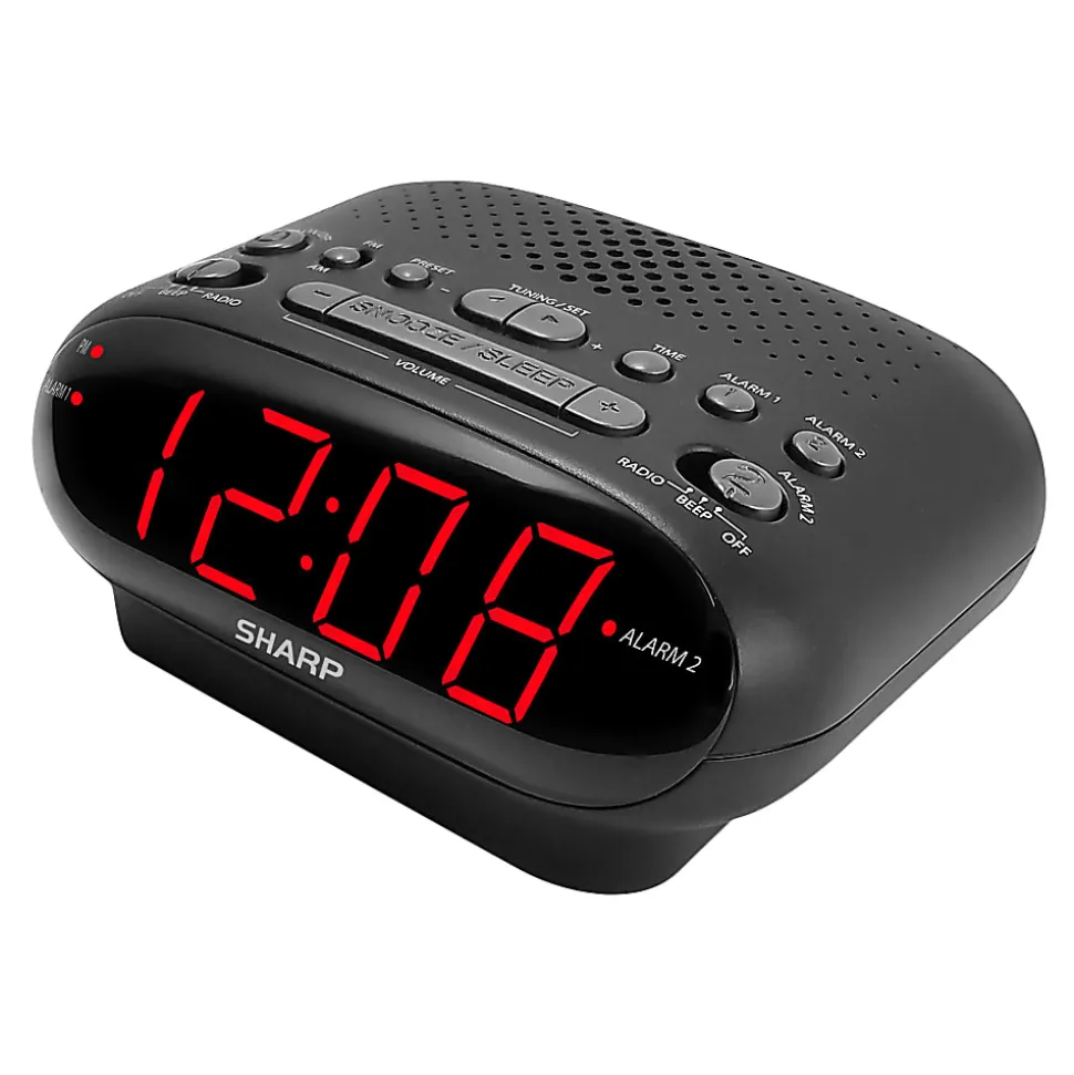 Sharp AM/FM Dual Alarm Clock Radio, 2-7/16”H x 4-5/16”W x 5-1/2”D, Black