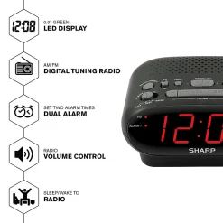 Sharp AM/FM Dual Alarm Clock Radio, 2-7/16”H x 4-5/16”W x 5-1/2”D, Black