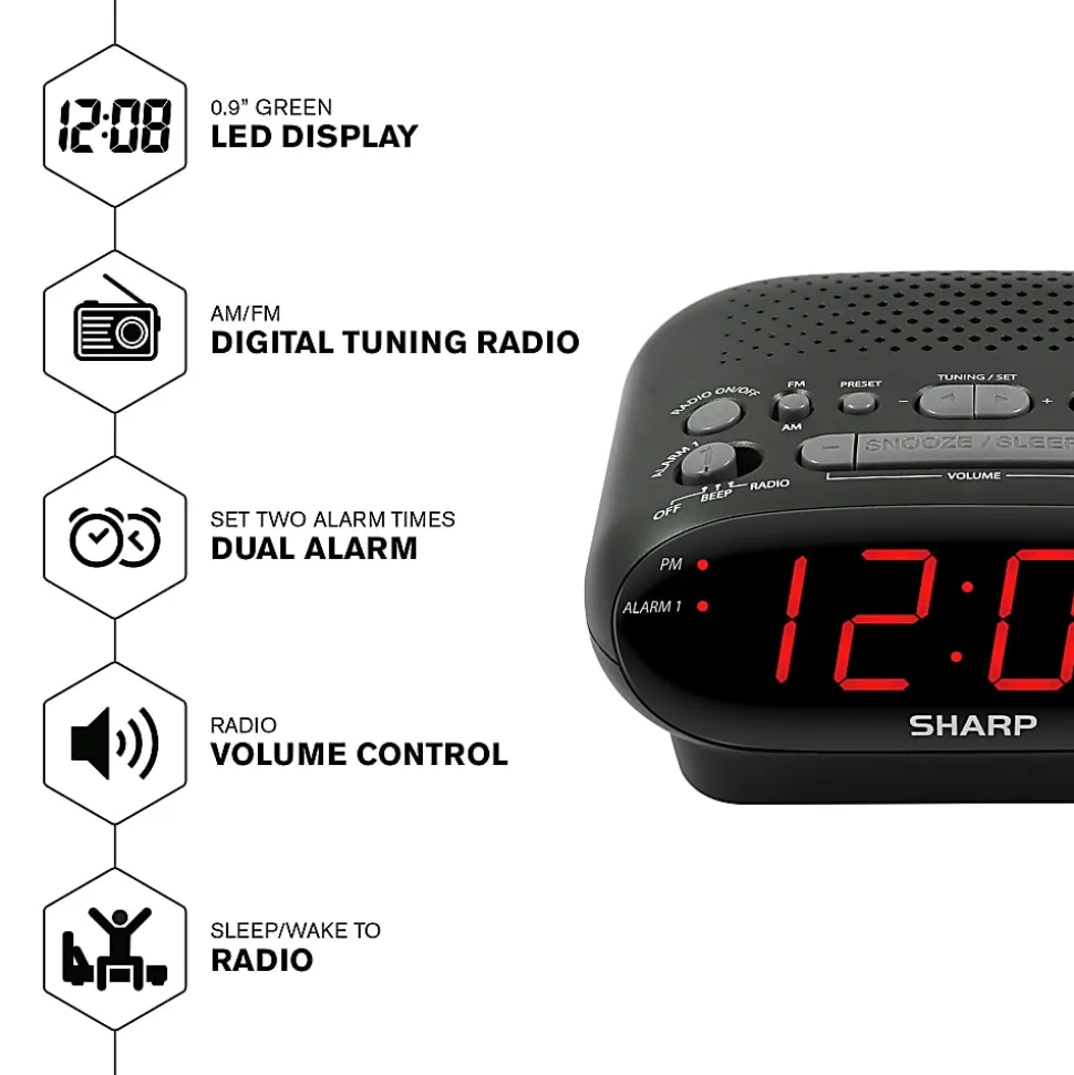 Sharp AM/FM Dual Alarm Clock Radio, 2-7/16”H x 4-5/16”W x 5-1/2”D, Black