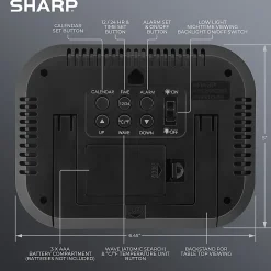 Sharp Atomic Alarm Clock With Calendar And Indoor Temperature Display, 5”H x 1”W x 6-1/2”D, Black