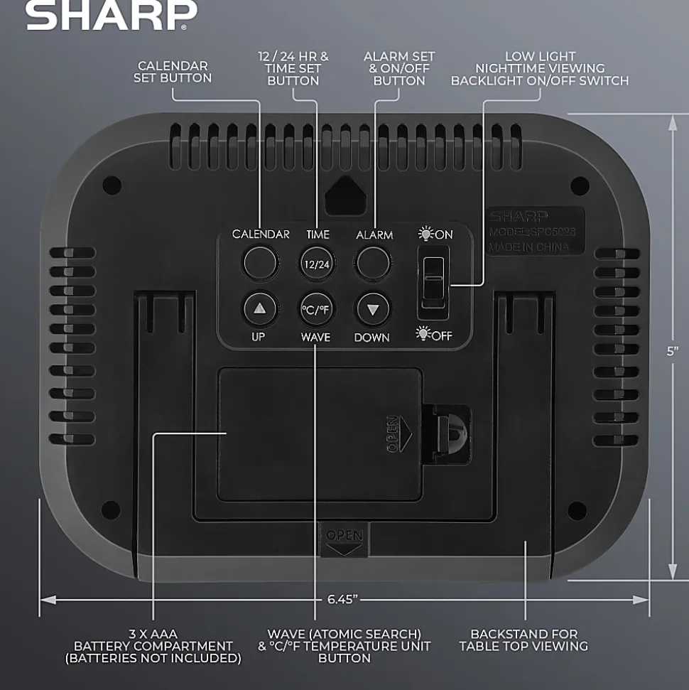 Sharp Atomic Alarm Clock With Calendar And Indoor Temperature Display, 5”H x 1”W x 6-1/2”D, Black