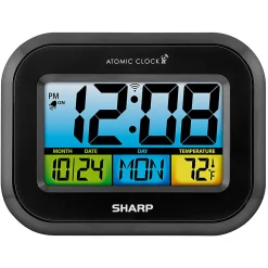 Sharp Atomic Alarm Clock With Calendar And Indoor Temperature Display, 5”H x 1”W x 6-1/2”D, Black