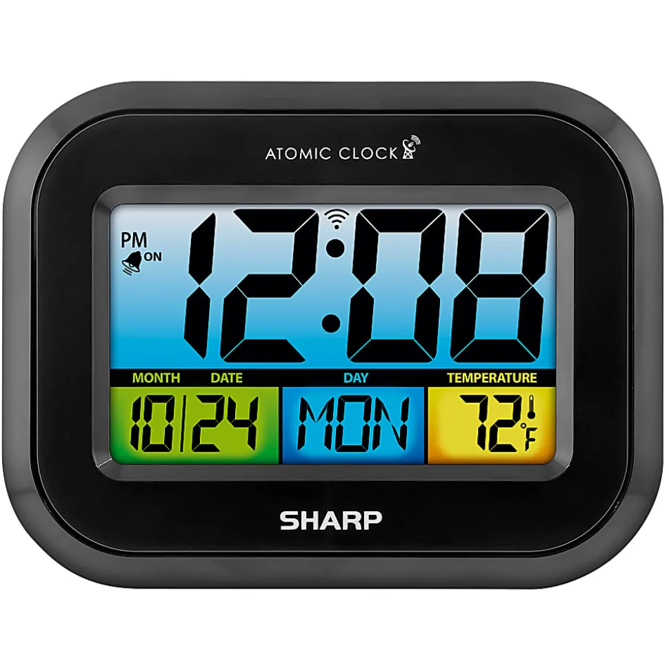 Sharp Atomic Alarm Clock With Calendar And Indoor Temperature Display, 5”H x 1”W x 6-1/2”D, Black