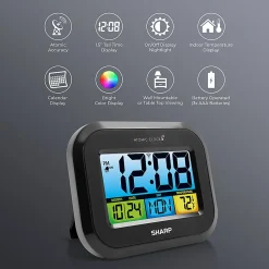 Sharp Atomic Alarm Clock With Calendar And Indoor Temperature Display, 5”H x 1”W x 6-1/2”D, Black