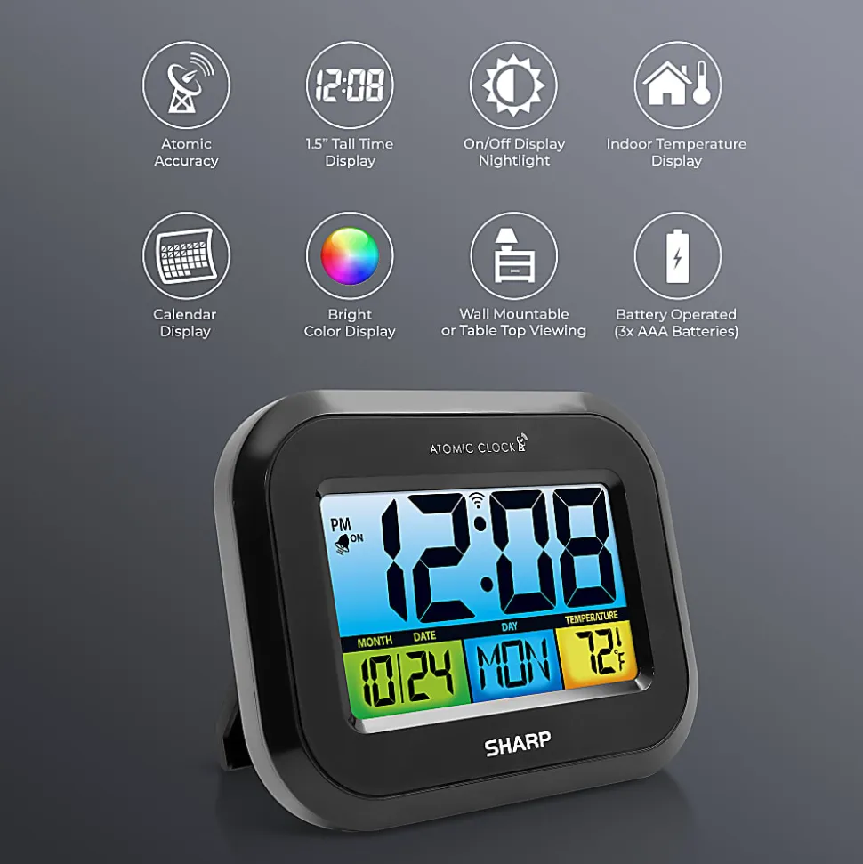 Sharp Atomic Alarm Clock With Calendar And Indoor Temperature Display, 5”H x 1”W x 6-1/2”D, Black