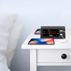 Sharp Dual Digital Alarm Clock with 2 USB Ports, 2-11/16”H x 3”W x 5-11/16”D, Black