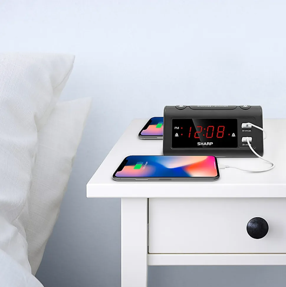 Sharp Dual Digital Alarm Clock with 2 USB Ports, 2-11/16”H x 3”W x 5-11/16”D, Black