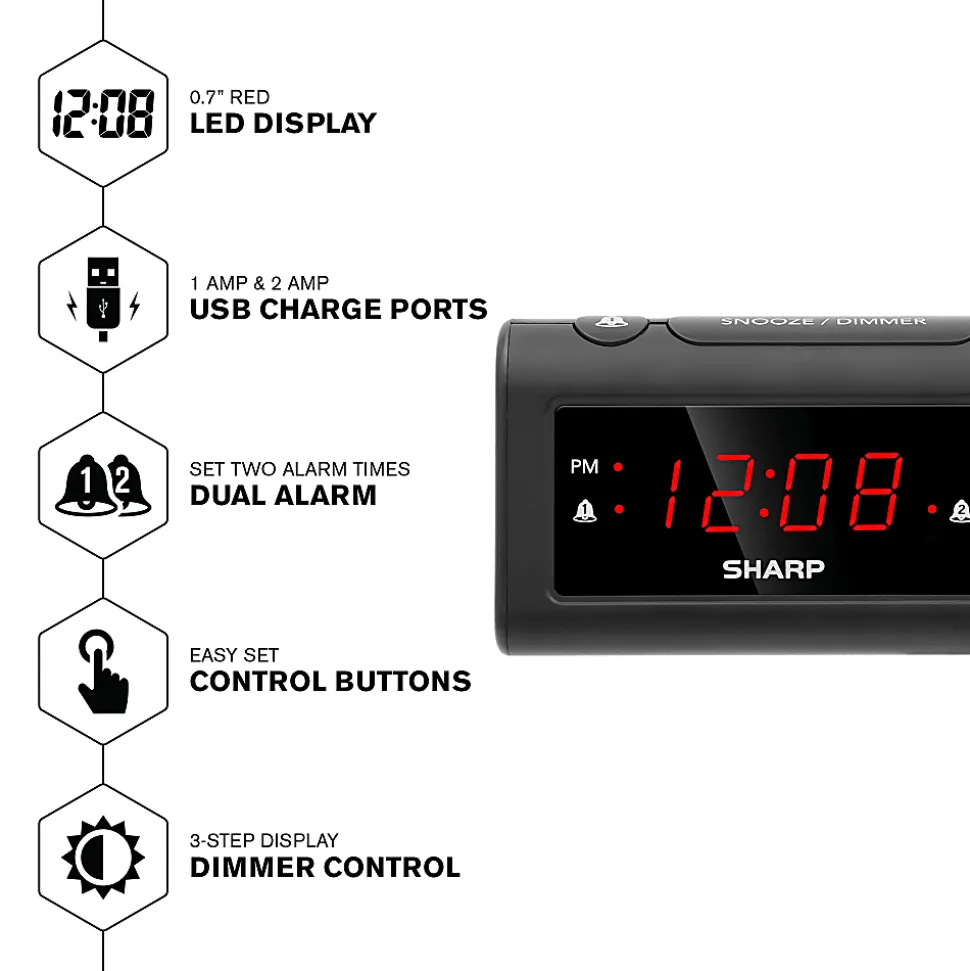Sharp Dual Digital Alarm Clock with 2 USB Ports, 2-11/16”H x 3”W x 5-11/16”D, Black