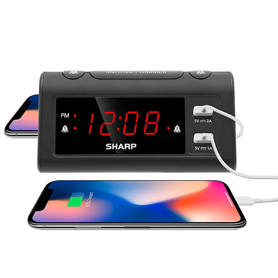 Sharp Dual Digital Alarm Clock with 2 USB Ports, 2-11/16”H x 3”W x 5-11/16”D, Black