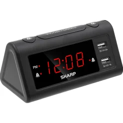 Sharp Dual Digital Alarm Clock with 2 USB Ports, 2-11/16”H x 3”W x 5-11/16”D, Black