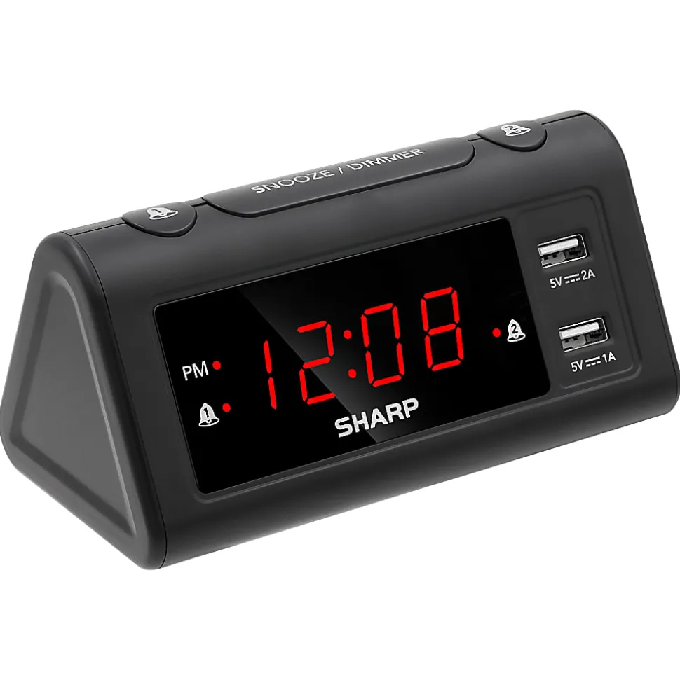 Sharp Dual Digital Alarm Clock with 2 USB Ports, 2-11/16”H x 3”W x 5-11/16”D, Black
