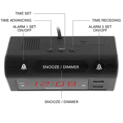 Sharp Dual Digital Alarm Clock with 2 USB Ports, 2-11/16”H x 3”W x 5-11/16”D, Black