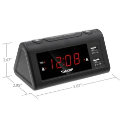 Sharp Dual Digital Alarm Clock with 2 USB Ports, 2-11/16”H x 3”W x 5-11/16”D, Black