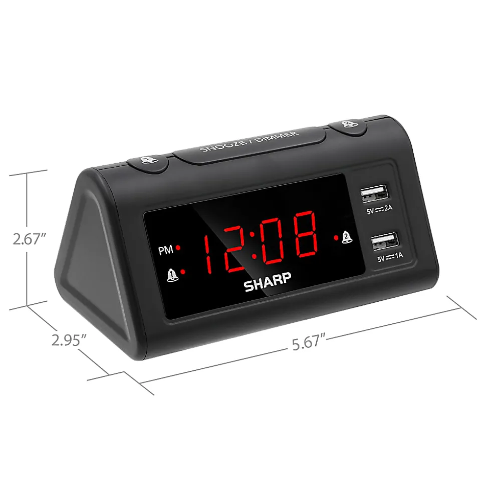 Sharp Dual Digital Alarm Clock with 2 USB Ports, 2-11/16”H x 3”W x 5-11/16”D, Black
