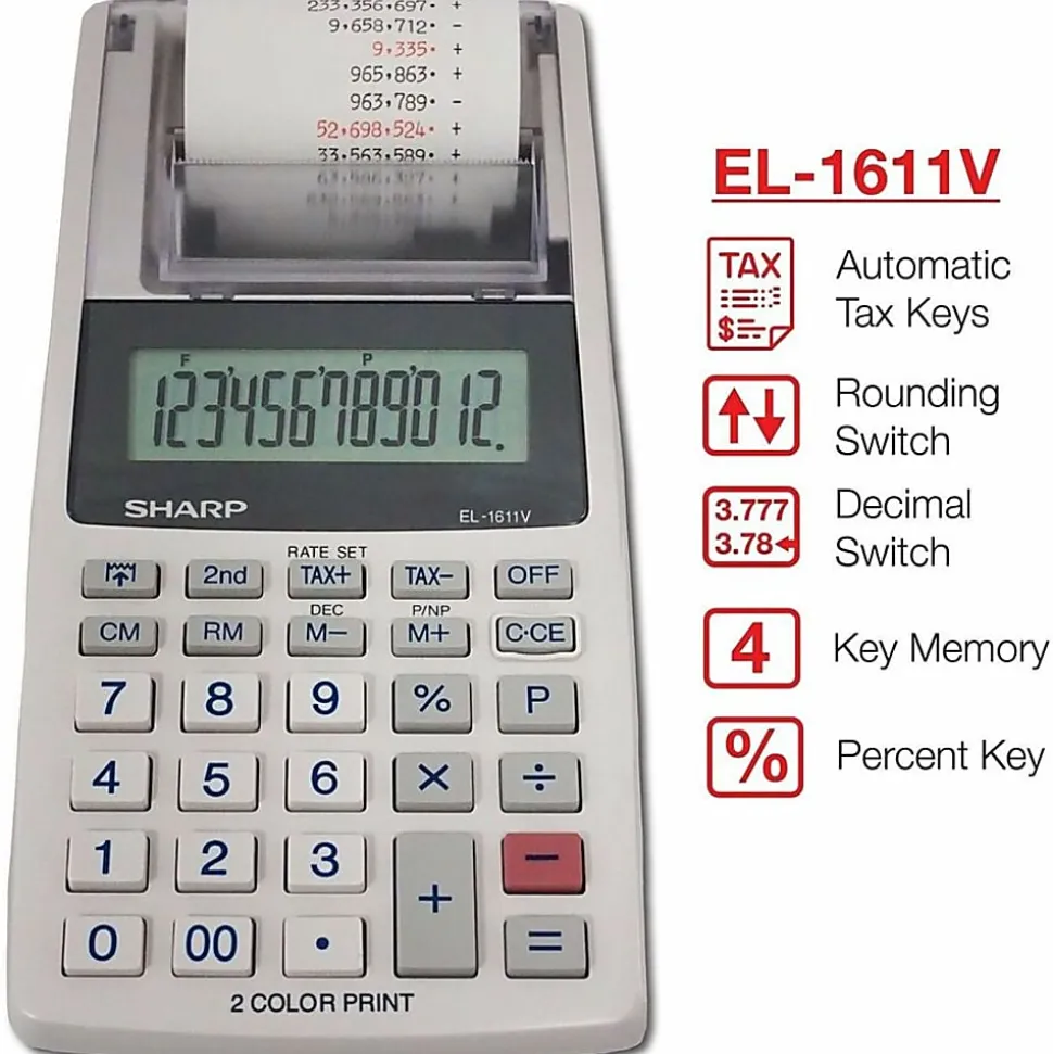 Sharp® EL-1611V 12-digit Mini Printing Calculator, White