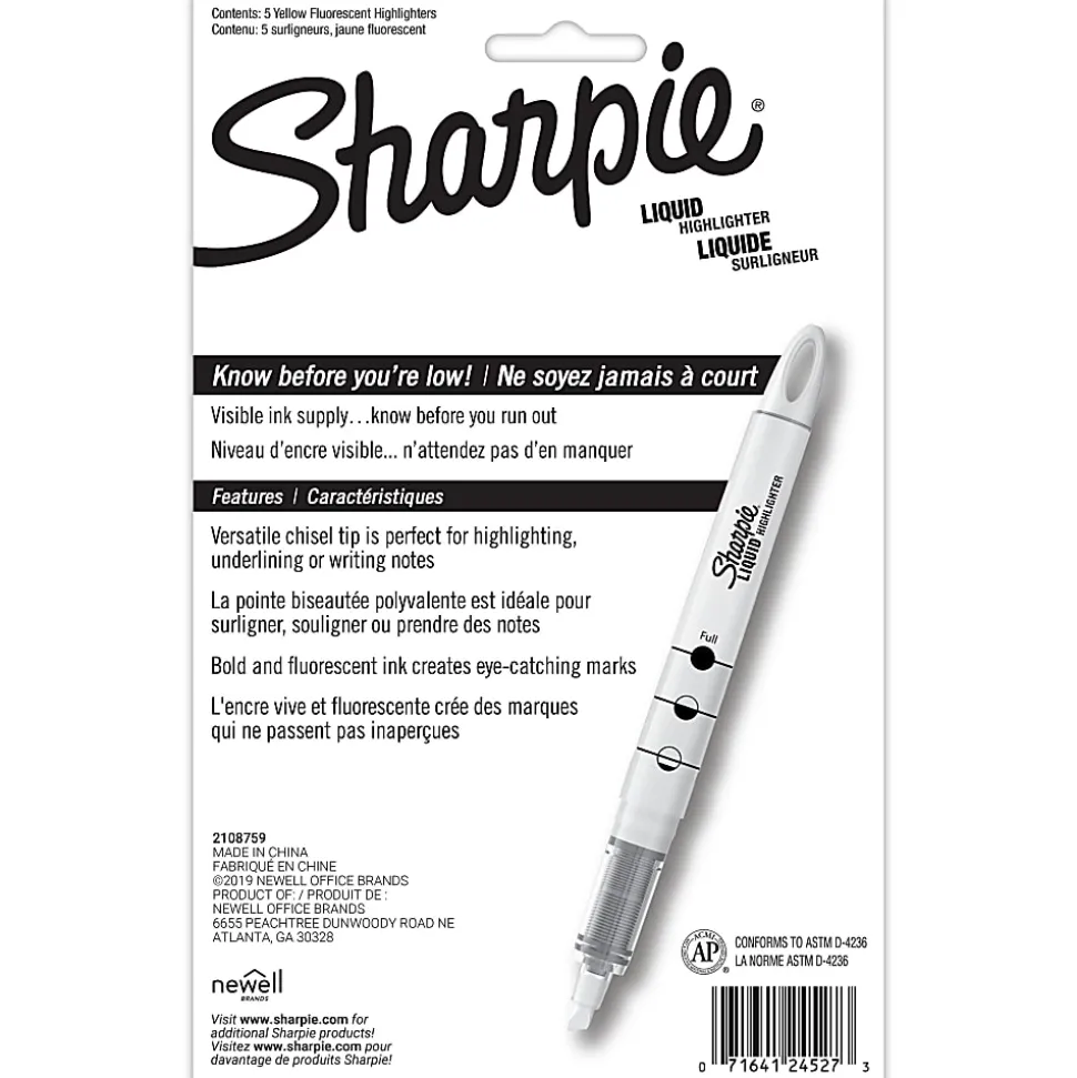 Sharpie® Accent® Liquid Highlighters, Yellow, Pack Of 5
