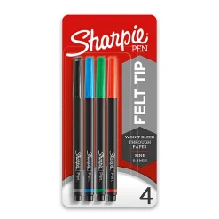Sharpie® Fine-Point Pens, Fine Point, 0.4 mm, Black Barrels, Assorted Ink Colors, Pack Of 4