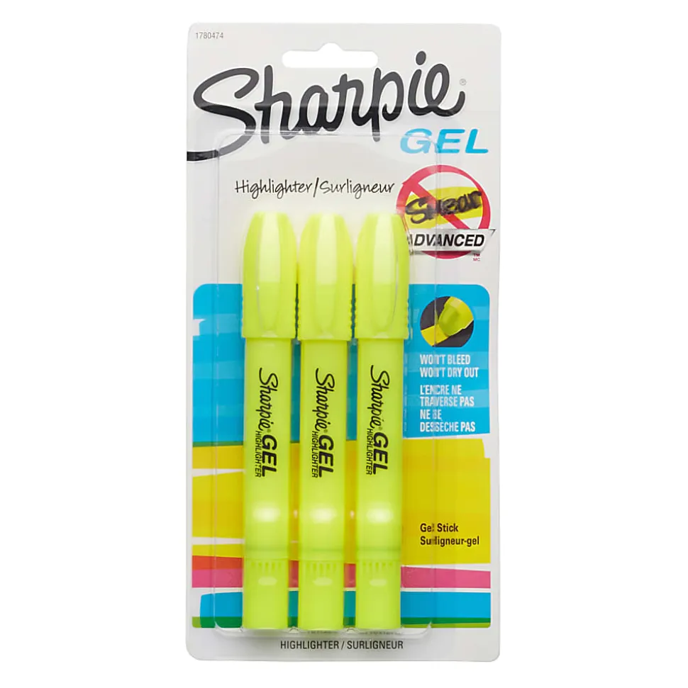 Sharpie® Gel Highlighters, Bullet Tip, Fluorescent Yellow, 3 Count