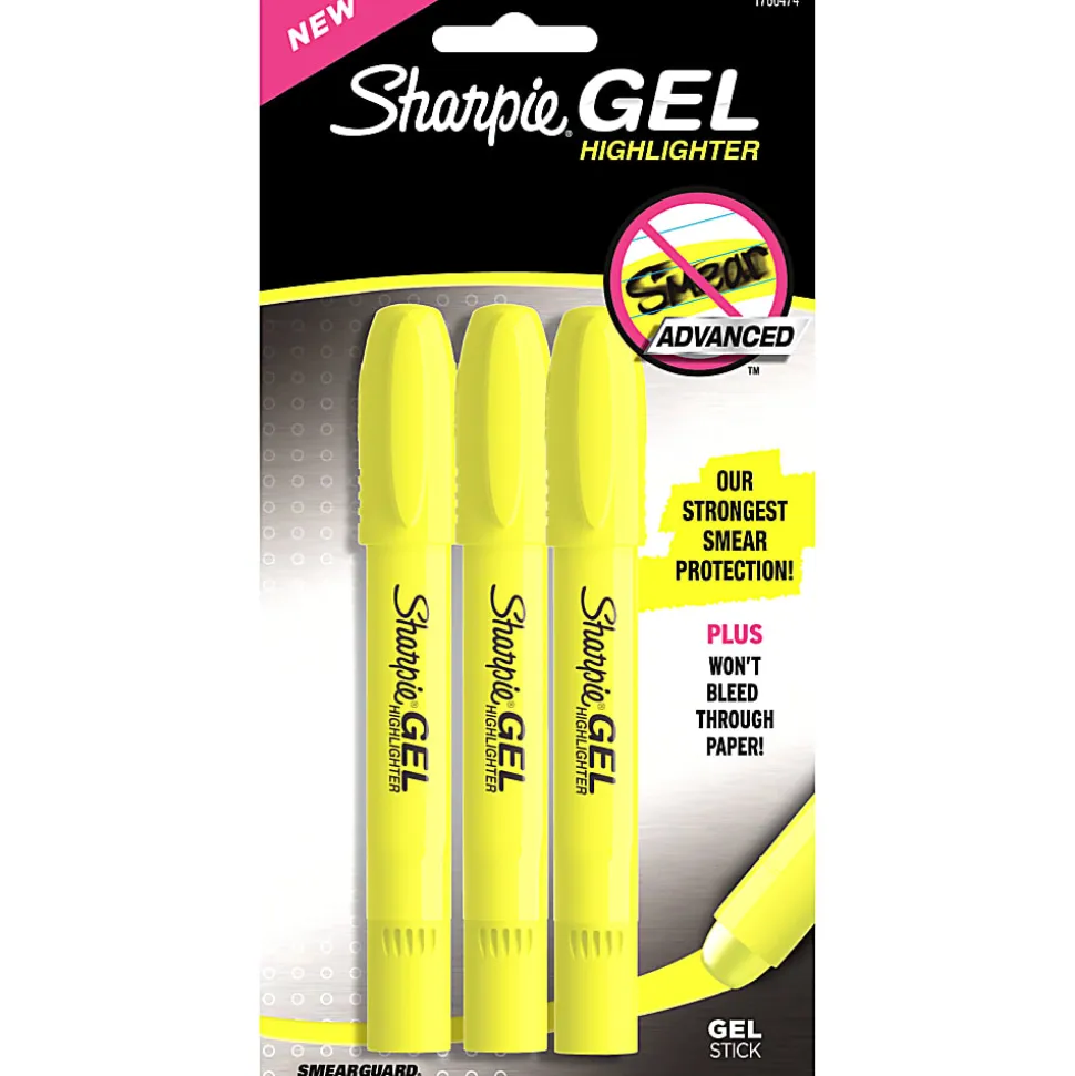 Sharpie® Gel Highlighters, Bullet Tip, Fluorescent Yellow, 3 Count