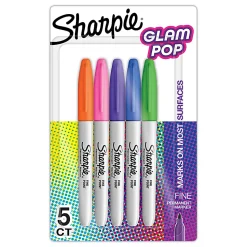 Sharpie® Glam Pop Permanent Markers, Fine Point, Gray Barrels, Assorted Ink Colors, Pack Of 5 Markers