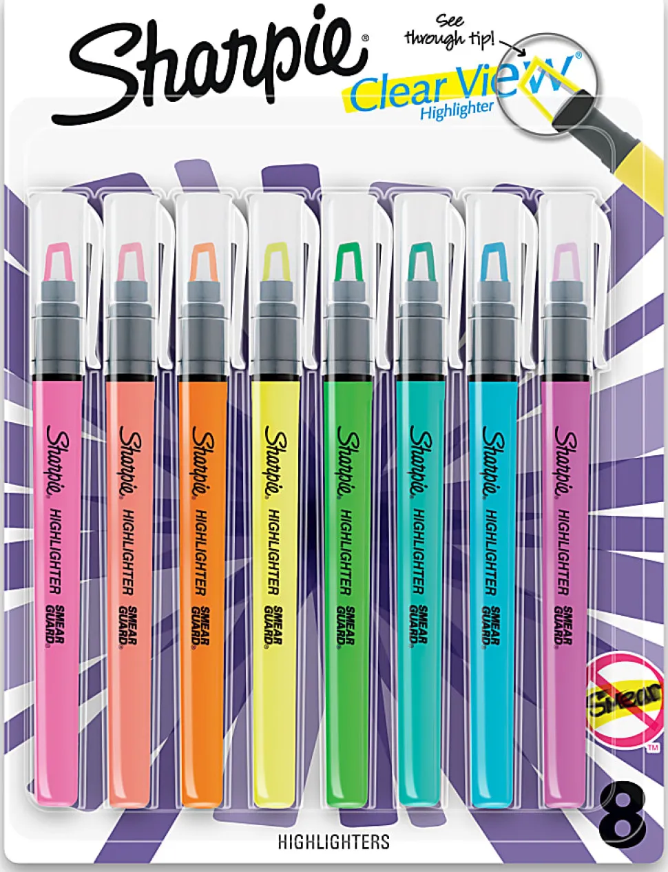Sharpie Highlighter, Clear View Highlighter with See-Through Chisel Tip, Stick Highlighter, Assorted, 8 Count