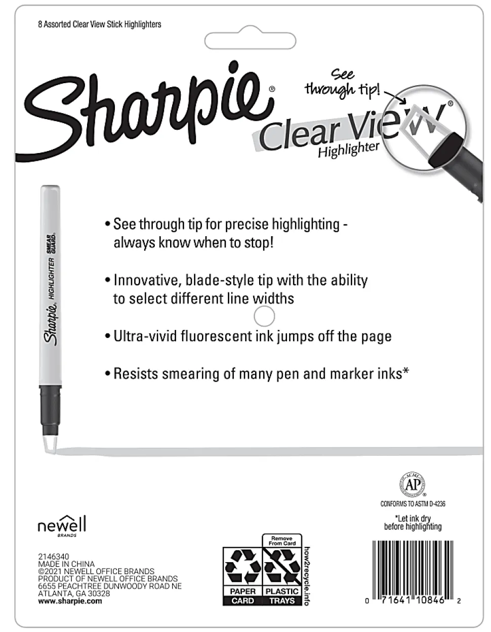 Sharpie Highlighter, Clear View Highlighter with See-Through Chisel Tip, Stick Highlighter, Assorted, 8 Count