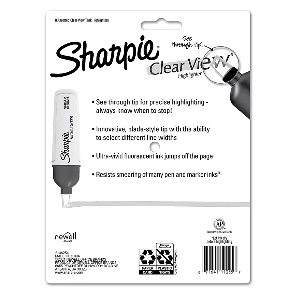 Sharpie Highlighter, Clear View Highlighter with See-Through Chisel Tip, Tank Highlighter, Assorted, 8 Count