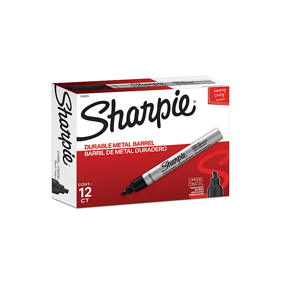 Sharpie® Metal Barrel Chisel Permanent Markers, Black Ink, Pack Of 12 Markers