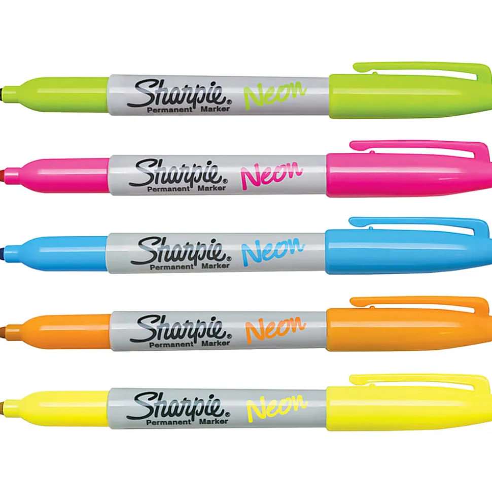 Sharpie® Neon Permanent Markers, Fine Point, Assorted Colors, Pack Of 5