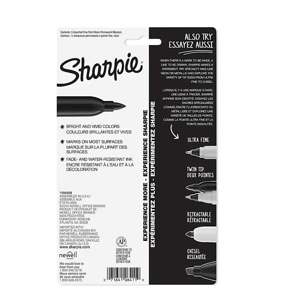 Sharpie® Neon Permanent Markers, Fine Point, Assorted Colors, Pack Of 5