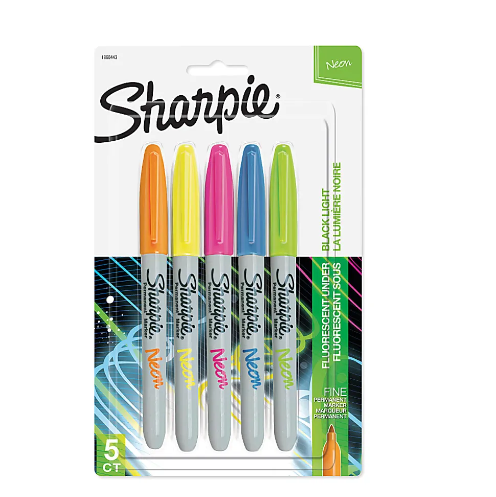 Sharpie® Neon Permanent Markers, Fine Point, Assorted Colors, Pack Of 5
