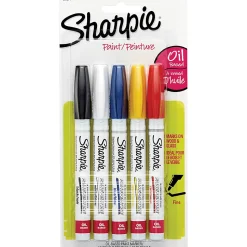 Sharpie® Oil-Based Paint Markers, Fine Point, White Barrels, Assorted Ink, Pack Of 5 Markers