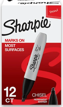 Sharpie® Permanent Markers, Chisel Tip, Black Ink, Pack Of 12 Markers