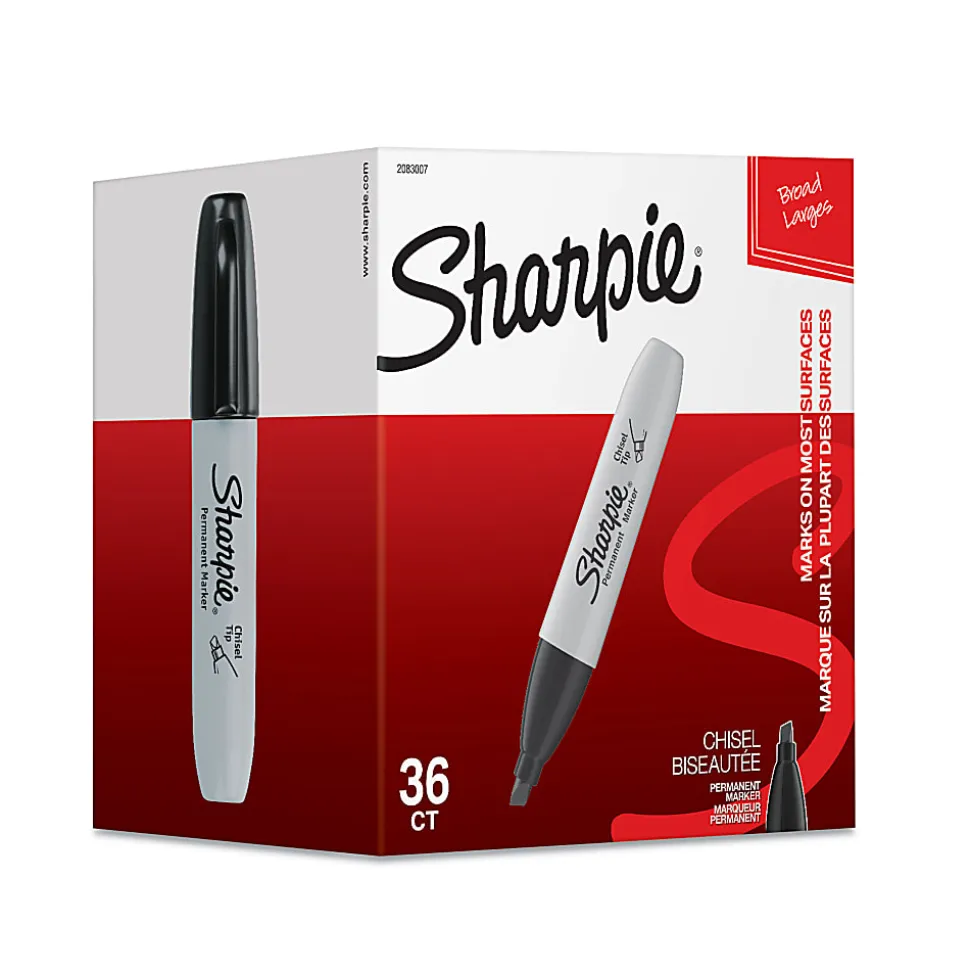 Sharpie® Permanent Markers, Chisel Tip, Gray Barrel, Black Ink, Pack Of 36 Markers