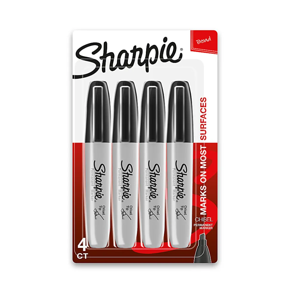 Sharpie® Permanent Markers, Chisel Tip, Black Ink, Pack Of 4 Markers