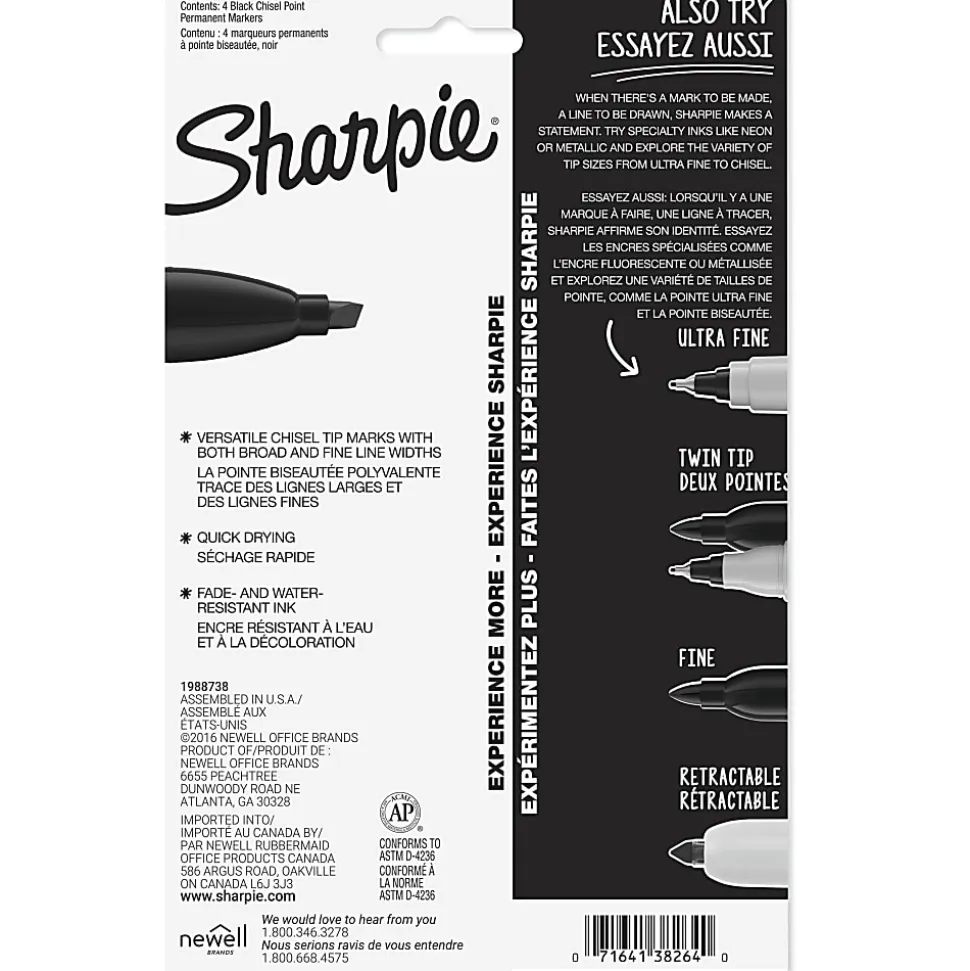 Sharpie® Permanent Markers, Chisel Tip, Black Ink, Pack Of 4 Markers