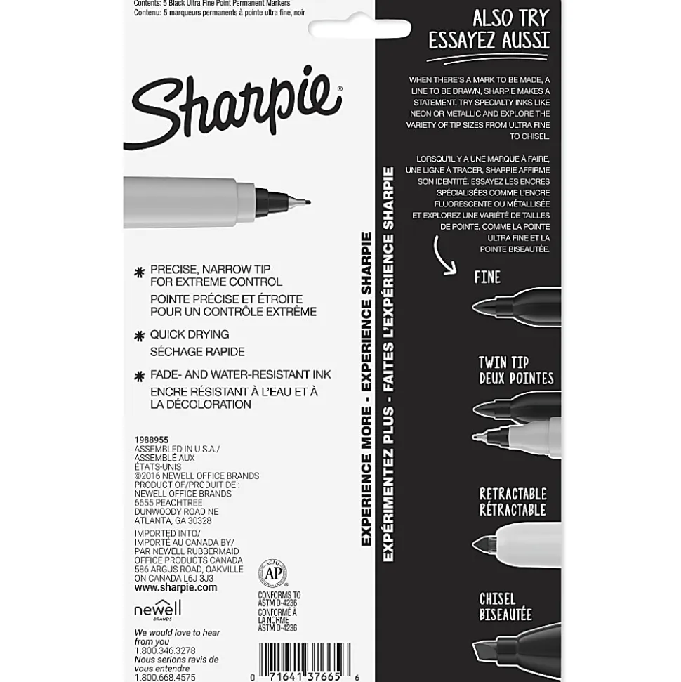 Sharpie® Permanent Ultra-Fine Point Markers, Black, Pack Of 5 Markers