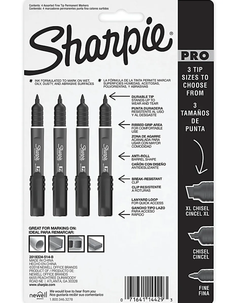 Sharpie® PRO Permanent Markers, Fine Point, Black/Gray Barrel, Assorted Ink Colors, Pack Of 4